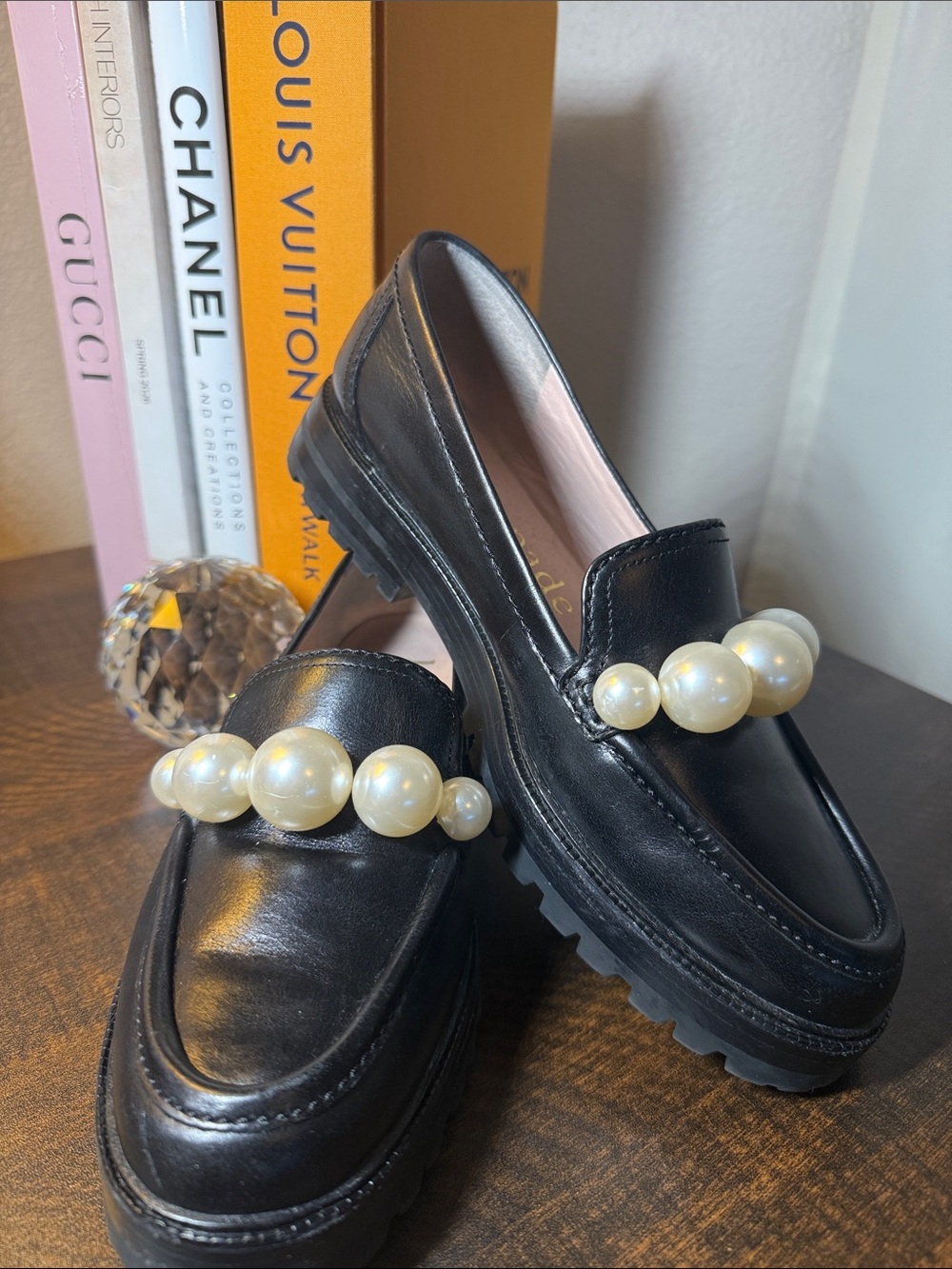 kate spade Black Leather Pearl-Embellished Loafers